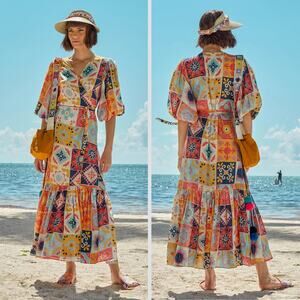 NWT Carolina K Debra Maxi Dress/Cover Up in Terracotta Tile Pattern, Sz S